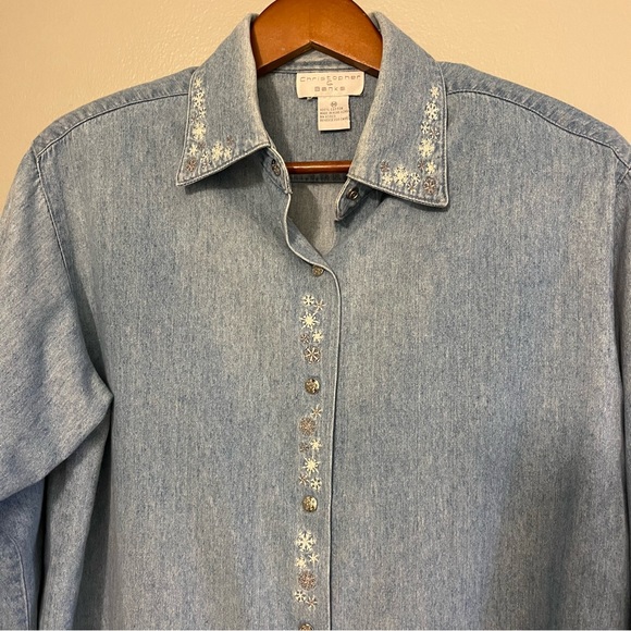 Christopher & Banks Vintage Denim Snap button Holiday Snowflake Button Up M - Picture 10 of 13
